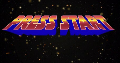 Poster - Bold, colorful Press Start text over starry space animation background