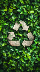 Poster - Recycle symbol made of cardboard lying on green leaves promoting environmental awareness and sustainable practices