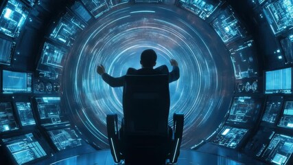 Poster - businessman sitting in a futuristic spaceship chair is controlling a digital data tunnel with a holo