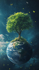Poster - Surreal image of a tree growing on planet Earth, surrounded by butterflies and leaves, symbolizing the interconnectedness of nature and the universe