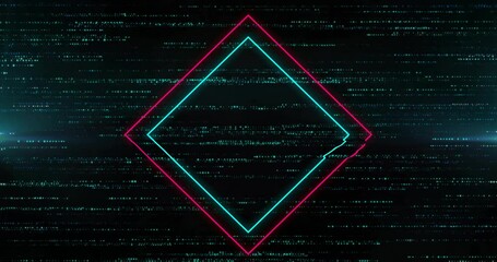 Poster - Glowing neon diamond shape with animation over digital glitch background in school