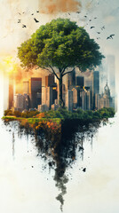 Poster - Floating island hosting massive tree overlooking metropolis skyline during sunset, highlighting delicate balance between nature and urban expansion