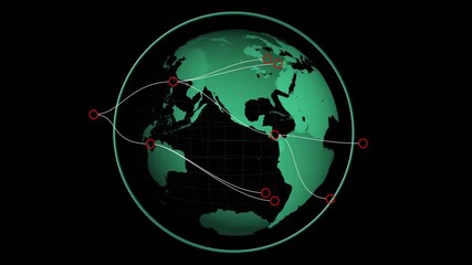 Poster - Animation of glowing green globe with red nodes and lines on black background