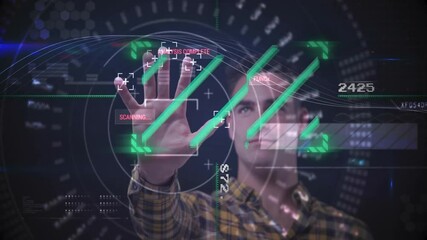 Poster - Interacting with animation, man using futuristic biometric scanning interface