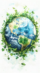 Poster - Green vine encircling watercolor Earth, representing global environmental preservation and planetary stewardship