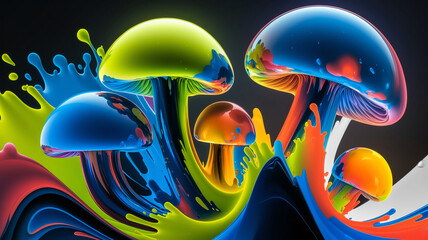 Poster - A surreal scene featuring vibrant, fluid paint splashes forming colorful mushroom-like shapes in pink, yellow, blue, and green, symbolizing creativity and energy.