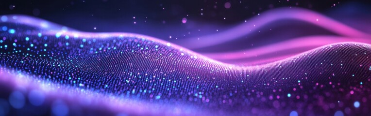 Fototapete - Abstract colorful wave of shimmering particles creating a dynamic visual landscape with vibrant light reflections in purple and blue hues.