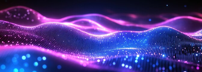 Fototapete - Abstract colorful wave pattern with shimmering particles against a dark background, ideal for technology, music, or digital design themes and projects.
