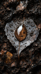 Poster - Close-up of water droplet clinging to damp leaf, mirroring smaller dried leaf against muddy terrain