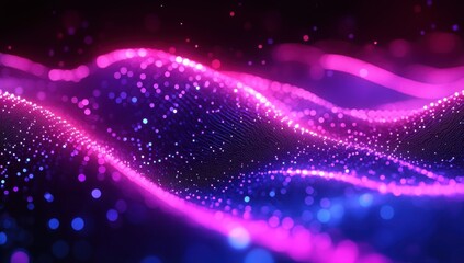 Poster - Abstract colorful waves of light with glowing particles creating a mesmerizing depth effect in vibrant pink and blue tones for backgrounds and designs