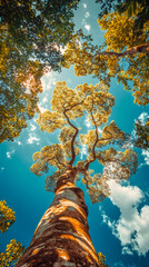 Poster - Golden-leaved tree rising against azure sky, highlighting seasonal beauty and natural serenity from low perspective