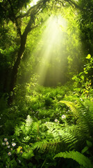 Poster - Soft sunlight filtering through verdant forest canopy, casting ethereal woodland glow