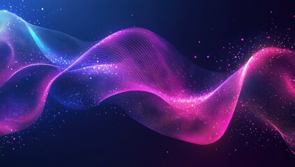 Poster - Abstract colorful waves with glowing particles on a dark background representing creativity, technology, and visual art in vibrant hues of pink and blue