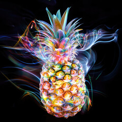 Fototapete - Colorful Pineapple Shines with Radiant Energy Against a Dark, Smoky Background