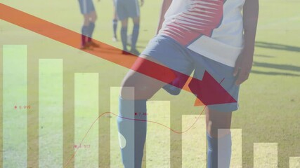 Poster - Soccer players on field with financial decline graph animation overlay