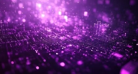 Poster - Abstract digital background with glowing purple lights and cubes, representing data visualization, technology, and futuristic concepts for creative projects