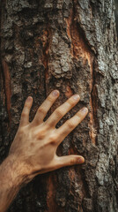 Poster - Close-up of a male hand gently touching the rough bark of a tree, symbolizing a connection with nature
