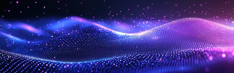 Poster - Abstract digital landscape with flowing curves and glowing particles in vibrant purple and blue tones, evoking a sense of depth and motion in virtual space