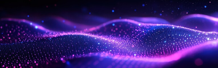 Aufkleber - Abstract digital landscape with flowing wave patterns in vibrant colors showcasing light points and glowing particles in a mesmerizing visual symphony