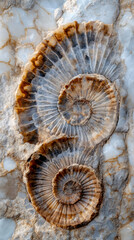 Aufkleber - Close-up view of ammonite fossils embedded in a rock surface, showcasing captivating spiral patterns and textures