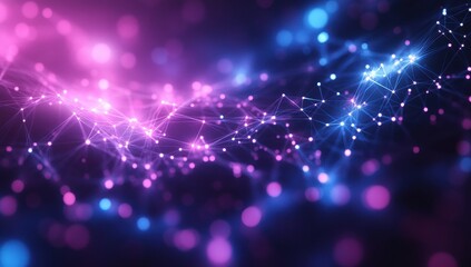 Fototapete - Abstract digital landscape with glowing lines and dots in vibrant pink and blue hues, creating a captivating and futuristic background design.