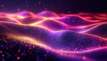 Poster - Abstract digital landscape with vibrant waves of light and colors in purple, orange, and pink tones creating a mesmerizing visual experience for viewers.
