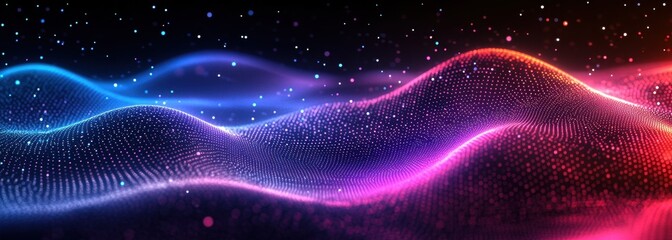 Poster - Abstract digital wave background with glowing particles and flowing lines, suitable for technology, music, or creative design projects.