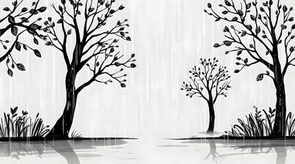 Tranquil Rainy Trees Silhouette Illustration