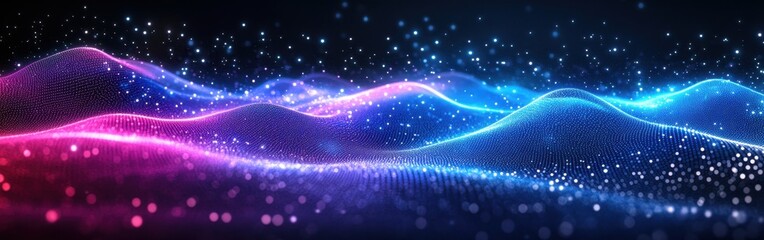 Aufkleber - Abstract digital waves create a vibrant landscape of colorful light and sparkles representing technology, data, communication, and creativity in motion