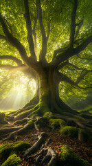 Aufkleber - Sunbeams filtering through branches illuminate majestic old tree with large roots, moss, and fallen leaves in a magical forest