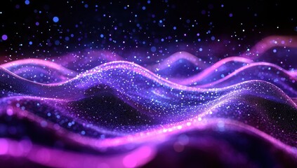Poster - Abstract Digital Waves with Glowing Particles in a Vibrant Purple and Blue Color Palette for Modern Backgrounds or Designs