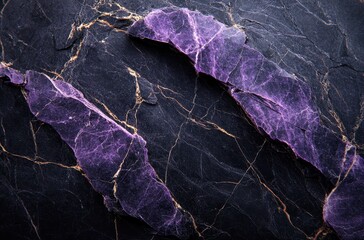 Poster - Abstract display of purple stone fragments on dark textured surface creating a striking contrast showcasing natural geological beauty and artistic composition
