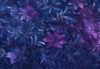 Poster - Abstract floral pattern design with purple and blue hues, showcasing delicate leaves and vivid flowers, perfect for backgrounds and textile prints