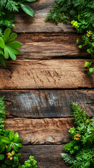 Poster - Green leaves arranged on a rustic wooden background, creating a natural frame with copy space in the center