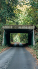 Aufkleber - Asphalt roadway winding beneath concrete bridge, dense green forest framing summer landscape