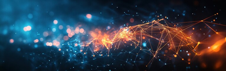 Poster - Abstract futuristic design with glowing lines and bokeh lights in blue and orange hues creating a digital background for technology and innovation themes