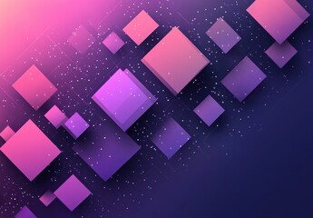 Poster - Abstract geometric design with floating squares in shades of pink and purple against a deep blue background creating a modern digital aesthetic