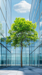 Aufkleber - Lush green tree growing in paved courtyard surrounded by modern glass office buildings under blue sky with clouds