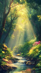 Aufkleber - Bright sunlight streaming between forest trees, casting golden glow over cascading river and misty waterfall landscape