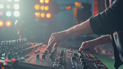 Poster - Professional sound engineer expertly adjusting levels on audio mixing console, creating perfect sound experience for audience at live music event