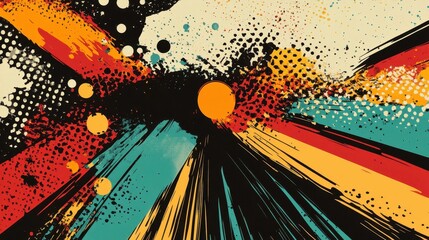 Wall Mural - Retro comic-inspired backdrop with shattered shapes halftone patterns and 1970s hues