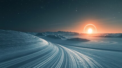 Wall Mural - Wallpaper featuring a distant sun over an icy planet with halftone noise blending