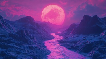 Wall Mural - Backdrop of a glowing lava river winding through an alien valley with magenta and sapphire tones