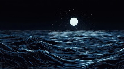 Wall Mural - Backdrop of glowing ocean waves in comic style moonlight reflecting deep navy with halftones