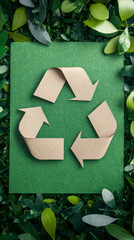 Poster - Cardboard recycling icon amid green foliage, highlighting ecological responsibility and green living commitment