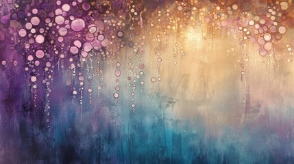 Wall Mural - Wallpaper of raindrops on glass with pastel blues and purples blending into golden sunset hues and soft glowing light