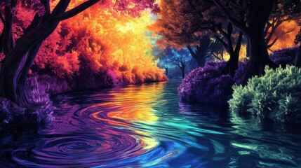Wall Mural - Wallpaper of water illusions with fluid ink textures in radiant psychedelic hues shifting color transitions and glowing reflections adding depth