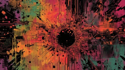 Wall Mural - Backdrop featuring a chaotic circuitry explosion with neon pathways and halftones