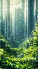 Aufkleber - Green forest growing around modern buildings, representing sustainable urban development and ecological balance between nature and city