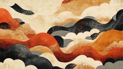 Wall Mural - 1950s-style wallpaper with fluid desert forms fine grain shading and a dreamy halftone sky